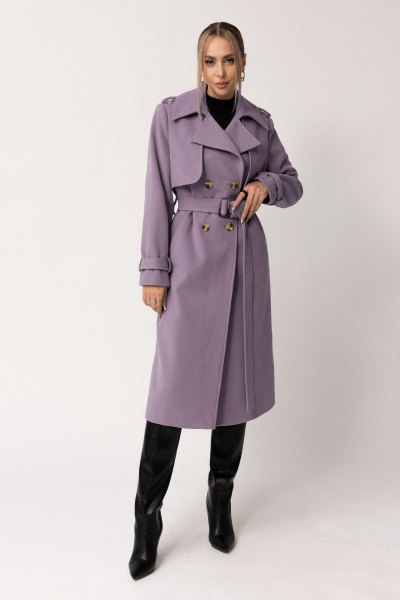 Демисезонное пальто с кокетками, погонами и шлицей из ткани Golden Valley 7119 фиолетовый - фото 1