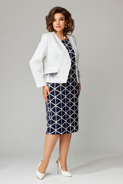 Платье и жакет с приталенным силуэтом и перьями Aira Style 24-32 сине-молочный - фото 2