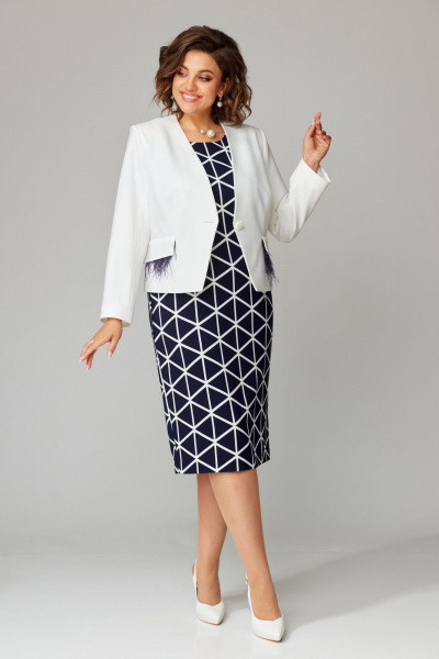 Платье и жакет с приталенным силуэтом и перьями Aira Style 24-32 сине-молочный - фото 6