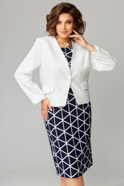 Платье и жакет с приталенным силуэтом и перьями Aira Style 24-32 сине-молочный - фото 5