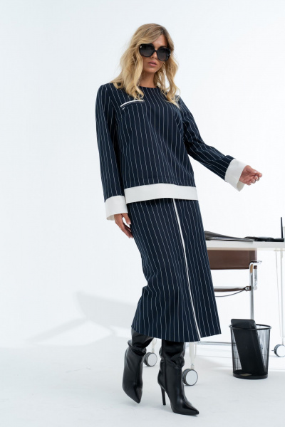 Демисезонный комплект юбки и блузки в стиле классика Barti 24-13 сине-белый - фото 6