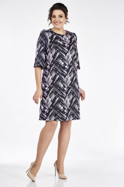Стильное платье прямого кроя из жаккарда с карманами Lady Style Classic 2476/2 темно-синий_розовый - фото 1