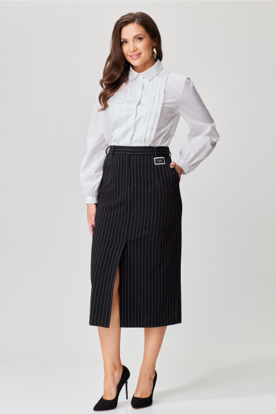 Юбка миди в полоску из текстиля с карманами и шлицей Andina city 1012-24 черный-полоска - фото 1
