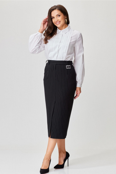 Юбка миди в полоску из текстиля с карманами и шлицей Andina city 1012-24 черный-полоска - фото 4