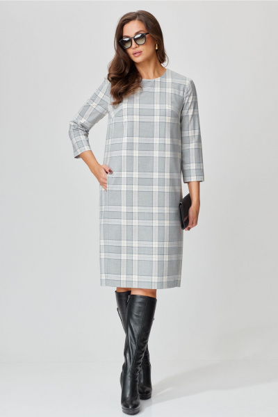 Платье из костюмной ткани с карманами и юбкой-клеш Andina city 8030-24 серый_клетка - фото 1
