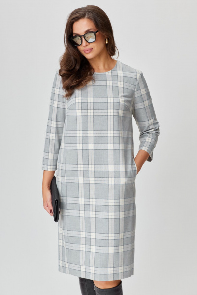 Платье из костюмной ткани с карманами и юбкой-клеш Andina city 8030-24 серый_клетка - фото 5