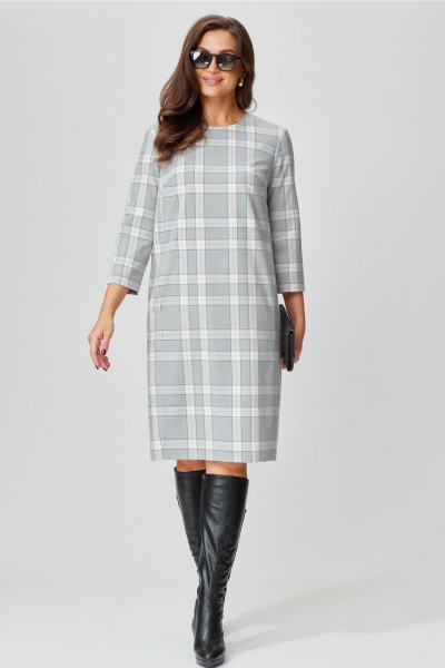 Платье из костюмной ткани с карманами и юбкой-клеш Andina city 8030-24 серый_клетка - фото 4