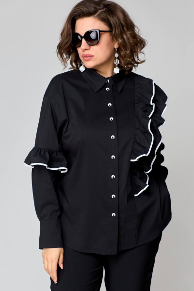 Блузка из хлопка с асимметричным подрезом и рюшами EVA GRANT 7136-1 черный+белое_кружево - фото 7