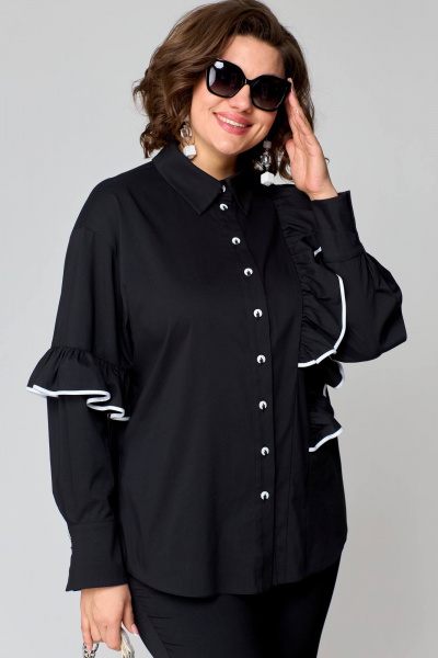 Блузка из хлопка с асимметричным подрезом и рюшами EVA GRANT 7136-1 черный+белое_кружево - фото 4