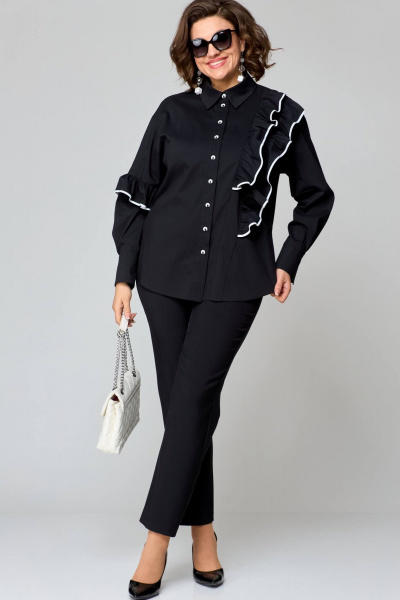 Блузка из хлопка с асимметричным подрезом и рюшами EVA GRANT 7136-1 черный+белое_кружево - фото 3