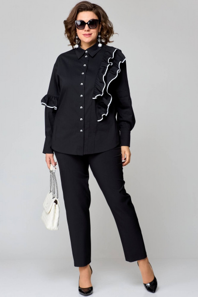 Блузка из хлопка с асимметричным подрезом и рюшами EVA GRANT 7136-1 черный+белое_кружево - фото 2