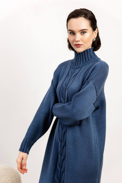Платье с шерстью и воротником-стойкой, прямой силуэт Romgil 946ШТЗ индиго - фото 8