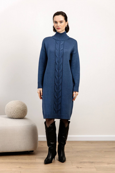Платье с шерстью и воротником-стойкой, прямой силуэт Romgil 946ШТЗ индиго - фото 1