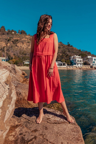 Платье без рукавов с вышивкой и расширенной юбкой летняя MALI 424-032 коралл - фото 2