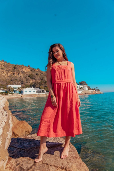 Платье без рукавов с вышивкой и расширенной юбкой летняя MALI 424-032 коралл - фото 6