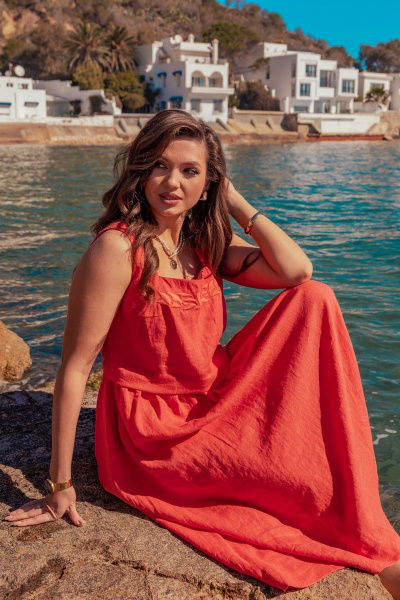 Платье без рукавов с вышивкой и расширенной юбкой летняя MALI 424-032 коралл - фото 10