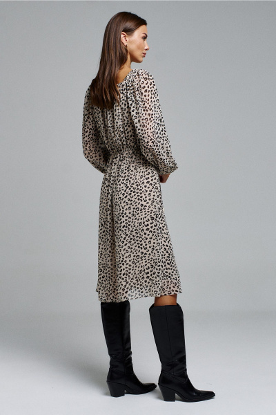 Шифоновое А-силуэта платье с длинным рукавом и резинкой Butеr 2902 бежевый_принт - фото 8