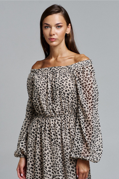 Шифоновое А-силуэта платье с длинным рукавом и резинкой Butеr 2902 бежевый_принт - фото 7