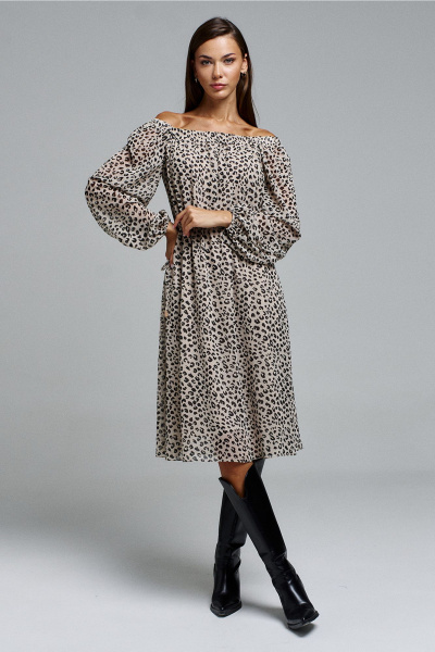 Шифоновое А-силуэта платье с длинным рукавом и резинкой Butеr 2902 бежевый_принт - фото 1