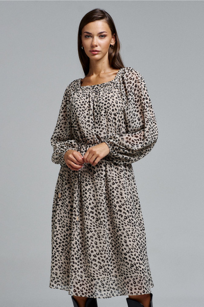 Шифоновое А-силуэта платье с длинным рукавом и резинкой Butеr 2902 бежевый_принт - фото 6
