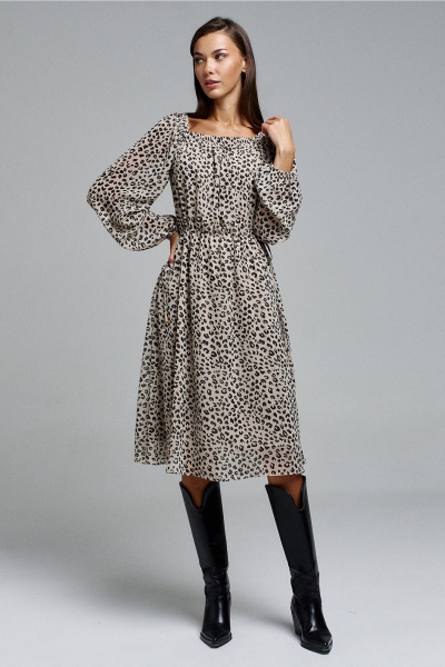 Шифоновое А-силуэта платье с длинным рукавом и резинкой Butеr 2902 бежевый_принт - фото 3