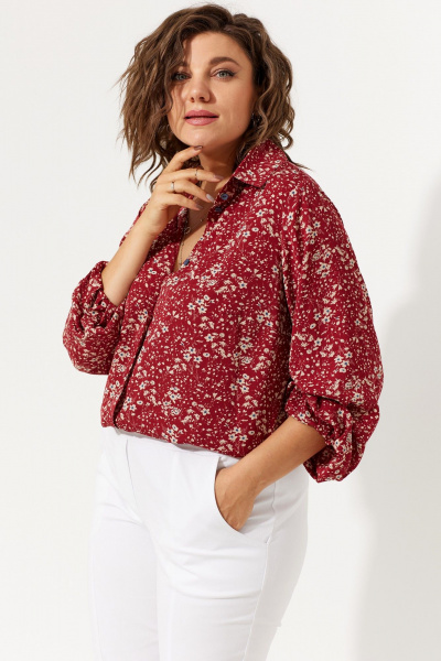 Блуза из текстиля с цветочным принтом и объемным рукавом BegiModa 4104 вино - фото 7
