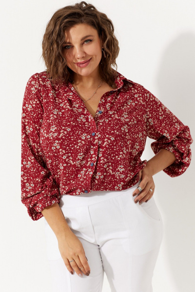 Блуза из текстиля с цветочным принтом и объемным рукавом BegiModa 4104 вино - фото 4