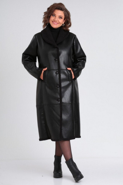 Пальто женское длинное из искусственного меха и экокожи Celentano 2071.1 черный - фото 1
