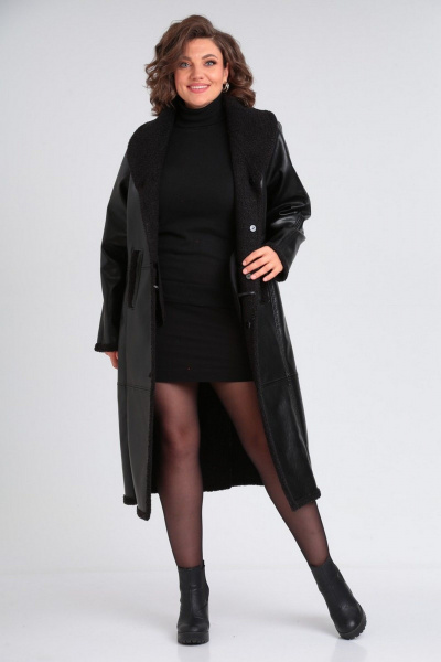 Пальто женское длинное из искусственного меха и экокожи Celentano 2071.2 черный - фото 10