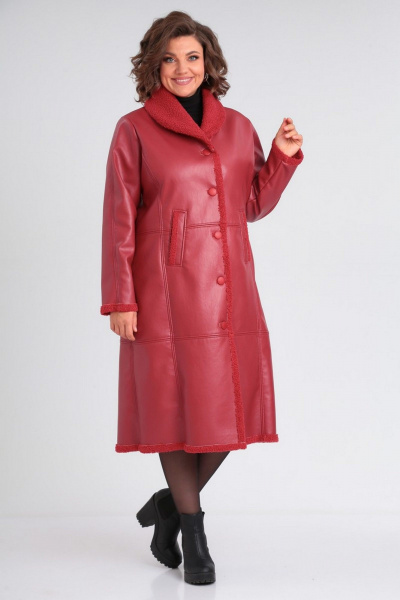 Пальто женское длинное из искусственного меха и экокожи Celentano 2071.2 алый - фото 4