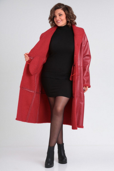 Пальто женское длинное из искусственного меха и экокожи Celentano 2071.2 алый - фото 3