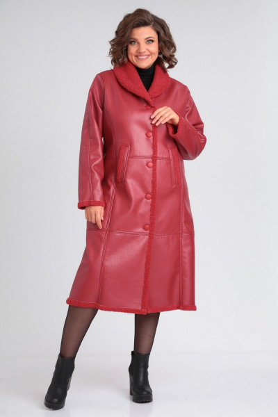 Пальто женское длинное из искусственного меха и экокожи Celentano 2071.2 алый - фото 1