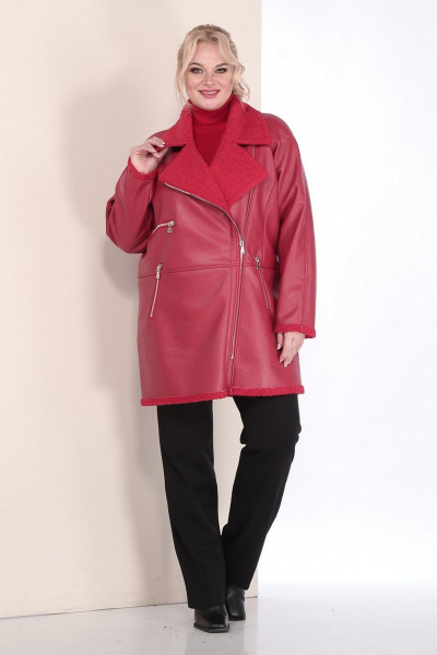 Пальто женское двубортное из экокожи с кокеткой и рельефами Celentano 2080.1 алый - фото 8