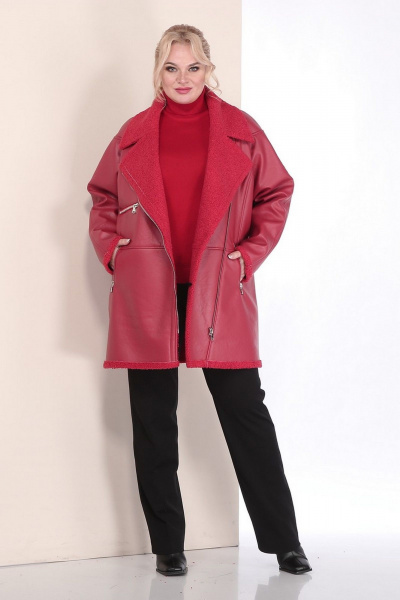 Пальто женское двубортное из экокожи с кокеткой и рельефами Celentano 2080.1 алый - фото 5
