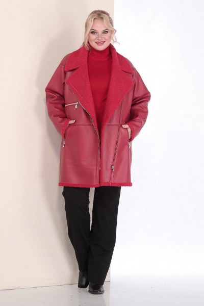 Пальто женское двубортное из экокожи с кокеткой и рельефами Celentano 2080.1 алый - фото 3