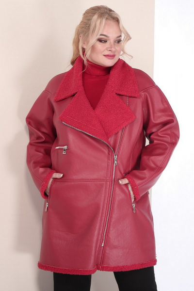 Пальто женское двубортное из экокожи с кокеткой и рельефами Celentano 2080.2 алый - фото 11