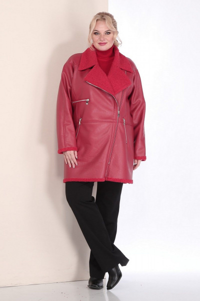 Пальто женское двубортное из экокожи с кокеткой и рельефами Celentano 2080.2 алый - фото 7