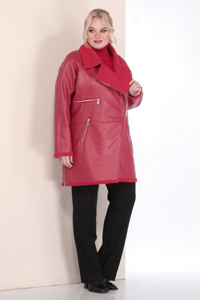 Пальто женское двубортное из экокожи с кокеткой и рельефами Celentano 2080.2 алый - фото 6