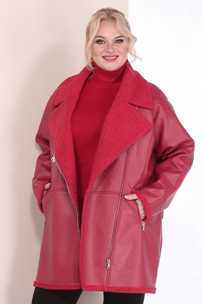 Пальто женское двубортное из экокожи с кокеткой и рельефами Celentano 2080.2 алый - фото 4