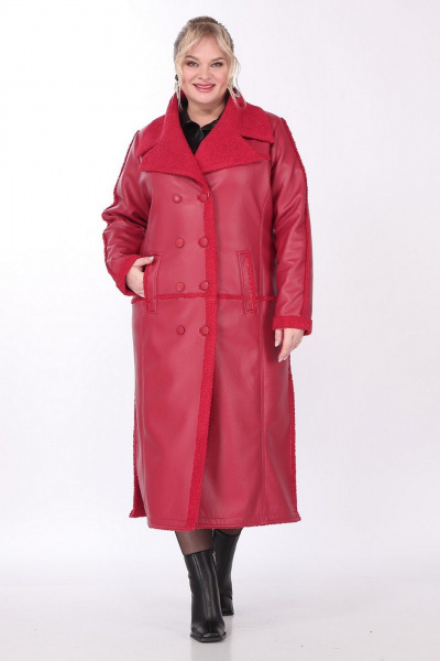Пальто женское длинное двубортное из экокожи с кокеткой Celentano 2081.2 алый - фото 10