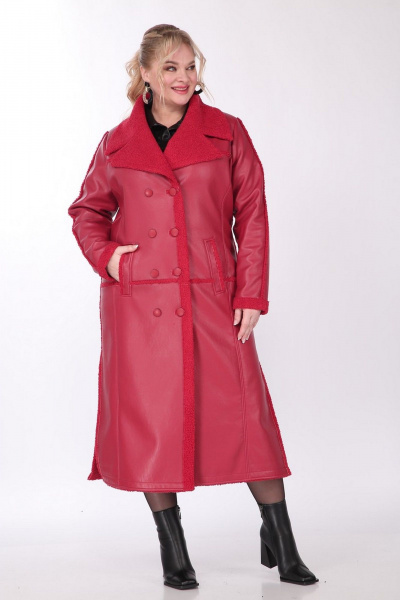 Пальто женское длинное двубортное из экокожи с кокеткой Celentano 2081.2 алый - фото 7