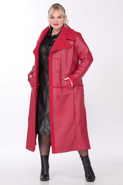 Пальто женское длинное двубортное из экокожи с кокеткой Celentano 2081.2 алый - фото 6