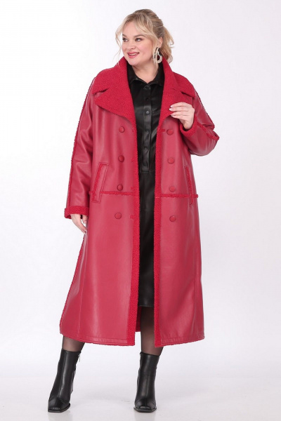 Пальто женское длинное двубортное из экокожи с кокеткой Celentano 2081.2 алый - фото 5