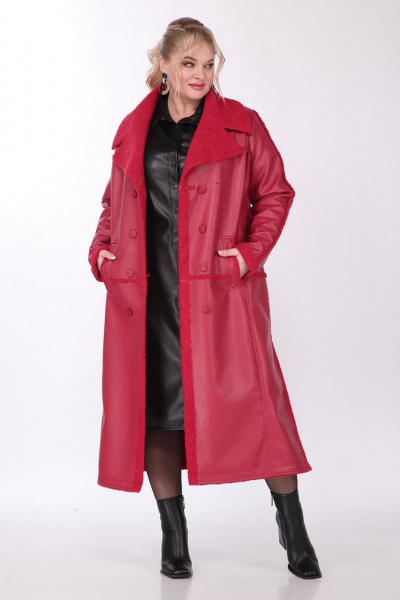 Пальто женское длинное двубортное из экокожи с кокеткой Celentano 2081.2 алый - фото 4