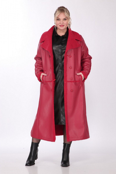 Пальто женское длинное двубортное из экокожи с кокеткой Celentano 2081.2 алый - фото 3