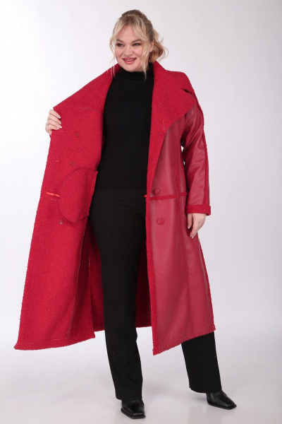Пальто женское длинное двубортное из экокожи с кокеткой Celentano 2081.2 алый - фото 2