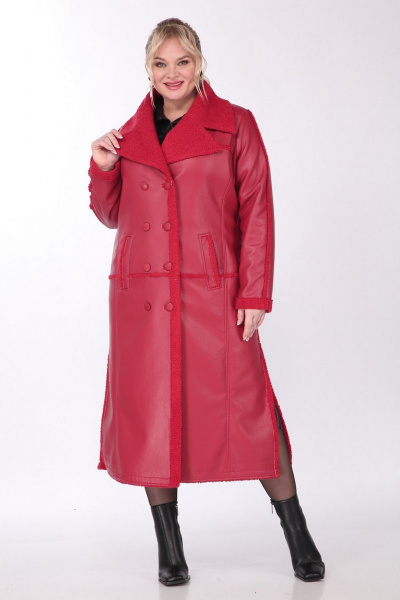 Пальто женское длинное двубортное из экокожи с кокеткой Celentano 2081.2 алый - фото 1