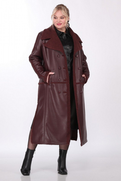 Пальто женское длинное двубортное из экокожи с рельефами Celentano 2081.1 шоколад - фото 2