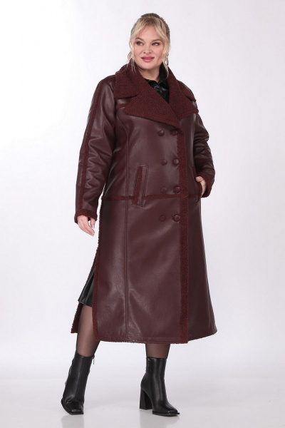 Пальто женское длинное двубортное из экокожи с разрезами Celentano 2081.2 шоколад - фото 9