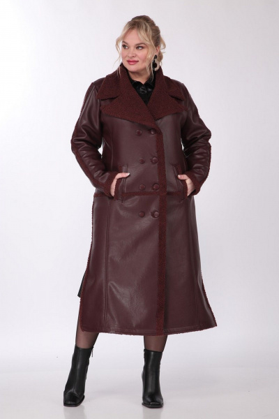 Пальто женское длинное двубортное из экокожи с разрезами Celentano 2081.2 шоколад - фото 8
